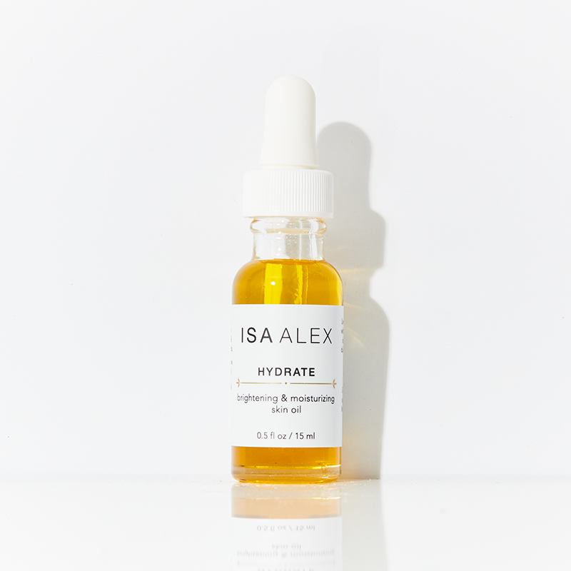 Isa Alex skincare oil bottle on a white background